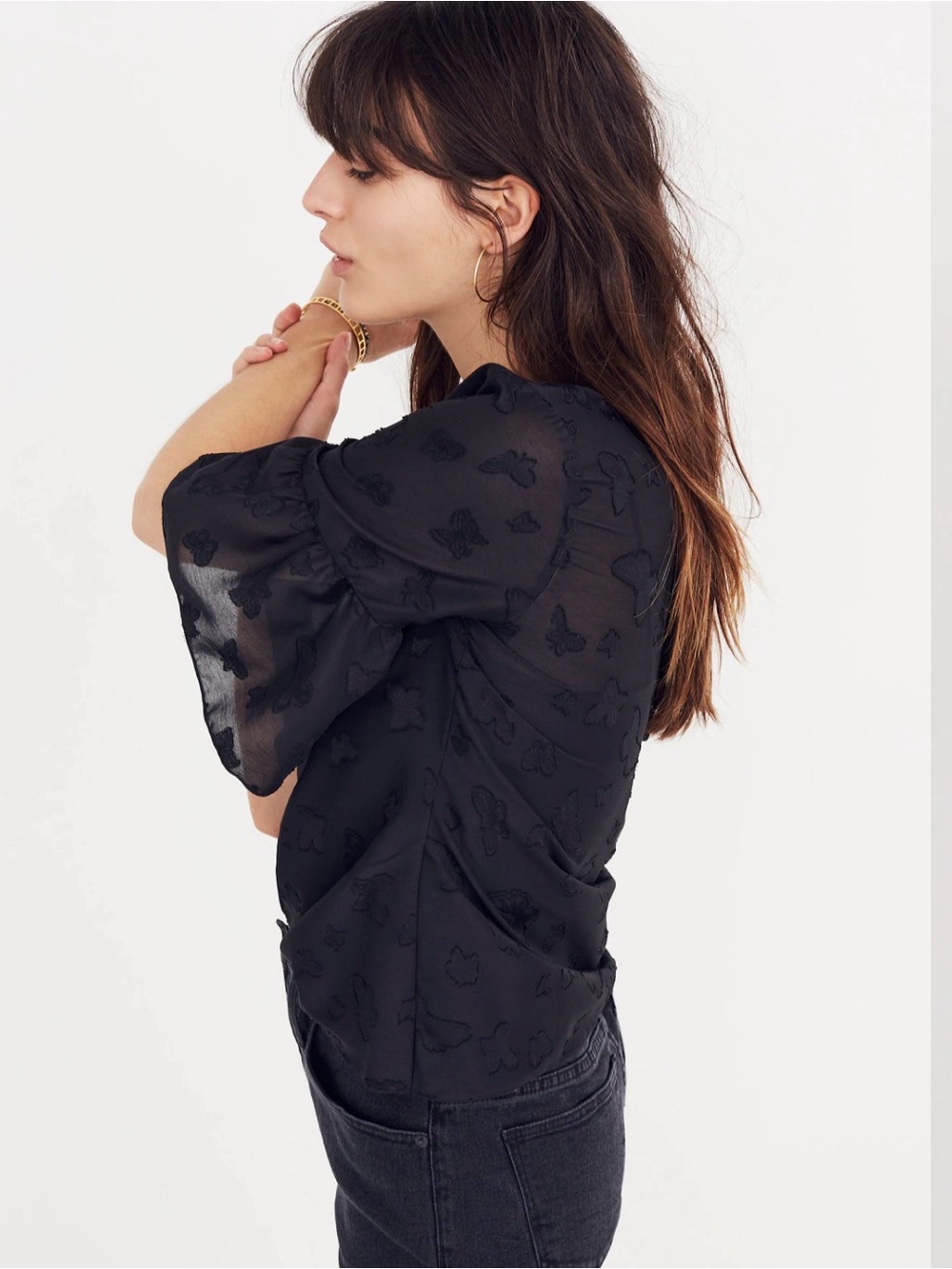 Madewell Black Butterfly Burnout Flutter Sleeve Blouse Top XXS